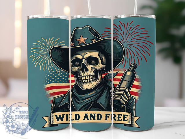 Skeleton Cowboy Tumbler, July 4th Design, Patriotic Tumbler Wrap, Beer Tumbler, 20oz Skinny Tumbler, Wild and Free Flag, Sublimation PNG Sublimation ToriDesigns 