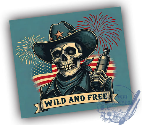 Skeleton Cowboy Tumbler, July 4th Design, Patriotic Tumbler Wrap, Beer Tumbler, 20oz Skinny Tumbler, Wild and Free Flag, Sublimation PNG Sublimation ToriDesigns 
