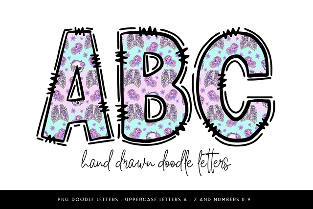 Skeleton Floral Alphabet PNG, Pastel Doodle Letters Sublimation BijouBay 