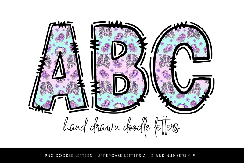 Skeleton Floral Alphabet PNG, Pastel Doodle Letters Sublimation BijouBay 