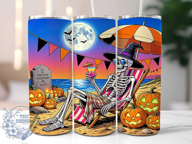Skeleton Halloween Beach 20oz Tumbler, Skeleton beach design, Halloween tumbler wrap, 20oz skinny tumbler, Skeleton print design, Sublimation halloween design, Spooky beach pattern, Sublimation ToriDesigns 