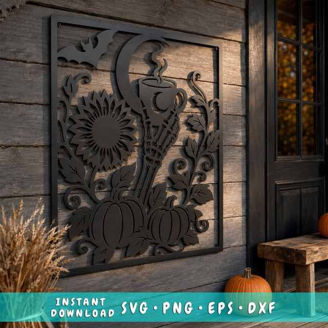 Skeleton Hand Laser SVG | Halloween Coffee Lover Metal Art DXF | Spooky Autumn CNC Cut File | Moon Bat Sunflower Wall Decor SVG HappyDesignStudio 