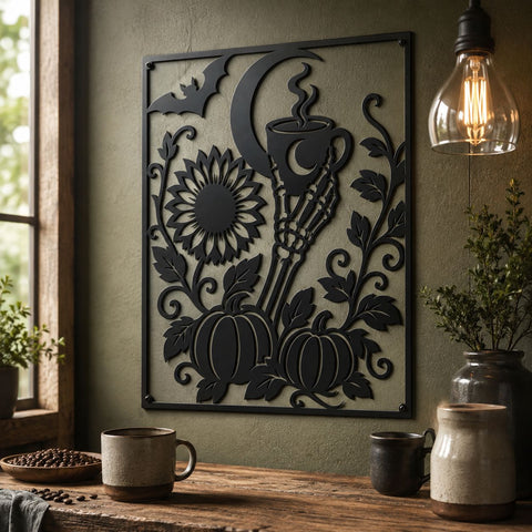 Skeleton Hand Laser SVG | Halloween Coffee Lover Metal Art DXF | Spooky Autumn CNC Cut File | Moon Bat Sunflower Wall Decor SVG HappyDesignStudio 