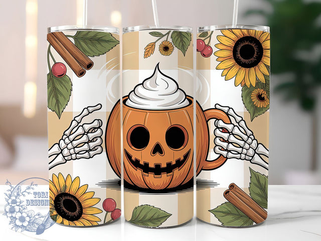 Skeleton Hand Pumpkin Spice Halloween Tumbler, Gothic Autumn Cup Wrap, 20Oz Sublimation, Spooky Coffee Drinkware, Skeleton & Pumpkin Mug, Halloween Latte Wrap, Creepy Cozy Cup Print Sublimation ToriDesigns 
