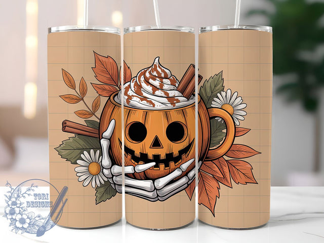 Skeleton Hand Pumpkin Spice Halloween Tumbler, Gothic Autumn Cup Wrap, 20Oz Sublimation, Spooky Coffee Drinkware, Skeleton & Pumpkin Mug, Halloween Latte Wrap, Creepy Cozy Cup Print Sublimation ToriDesigns 