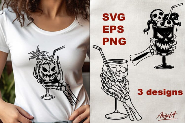 Skeleton hand with cocktail glass Horror Halloween clipart SVG Angelina Semenova 