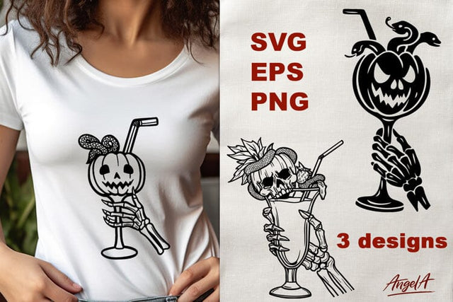 Skeleton hand with cocktail glass Horror Halloween clipart SVG Angelina Semenova 