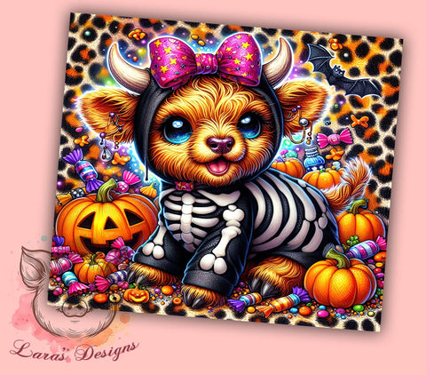 Skeleton Highland Cow 20 oz Skinny Tumbler Sublimation Design, Straight & Tapered Tumbler Png, Halloween Highland Cow Tumbler Png, Digital Download PNG Sublimation Lara' s Designs 