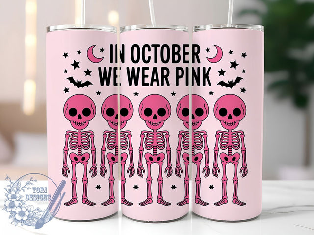 Skeleton Pink Ribbon 20oz Tumbler, Pink Ribbon, Skeleton Tumbler, In October We Wear Pink, Sublimation Wrap, 20Oz Tumbler, Spooky Support Sublimation ToriDesigns 