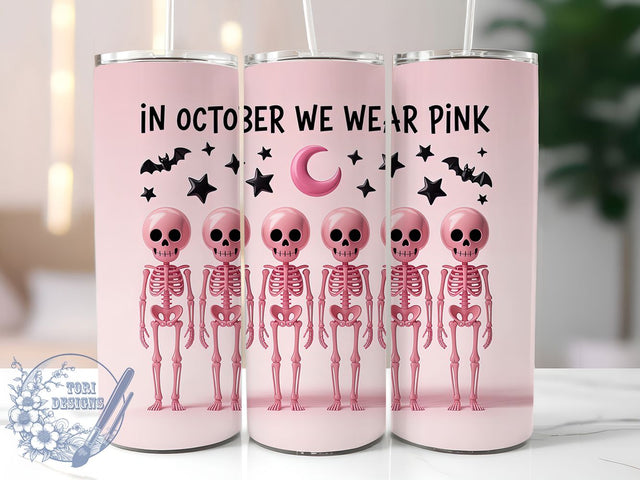 Skeleton Pink Ribbon 20oz Tumbler, Pink Ribbon, Skeleton Tumbler, In October We Wear Pink, Sublimation Wrap, 20Oz Tumbler, Spooky Support Sublimation ToriDesigns 