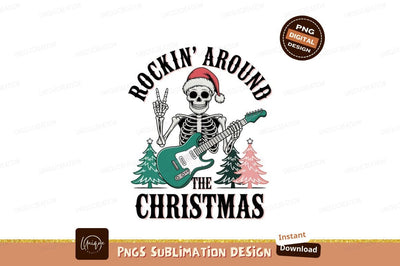 Skeleton playing guitar with Christmas hat and trees Sublimation Designangry 