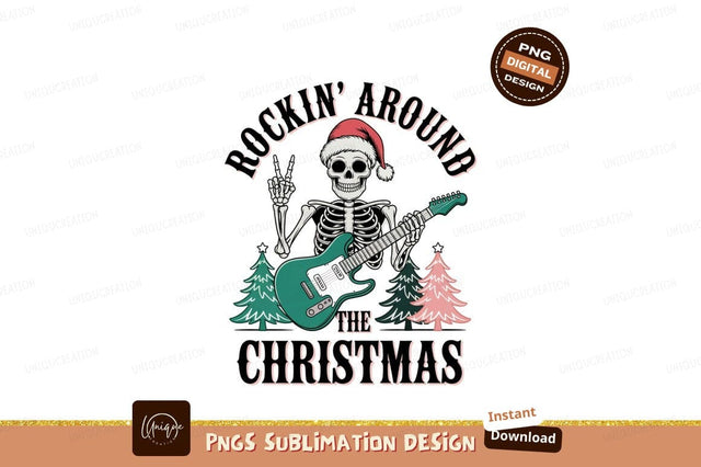 Skeleton playing guitar with Christmas hat and trees Sublimation Designangry 