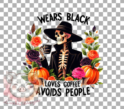 Skeleton PNG, Coffee Lover, Introvert Design, Black Aesthetic, PNG Sublimation, Digital Download, Halloween Art, Avoids People Sublimation Lara' s Designs 