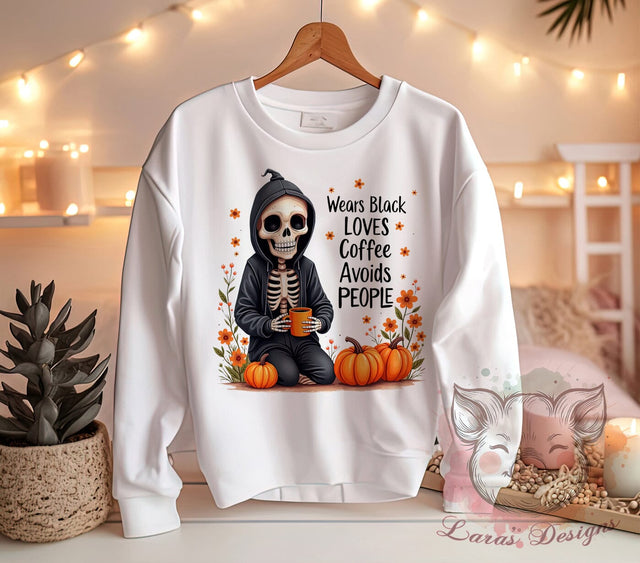 Skeleton PNG, Coffee Lover, Introvert Design, Black Aesthetic, PNG Sublimation, Digital Download, Halloween Art, Avoids People Sublimation Lara' s Designs 