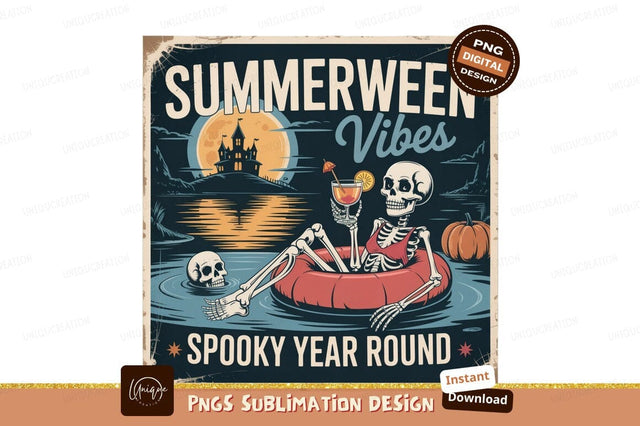 Skeleton relaxing in water with drink Halloween spooky Sublimation Designangry 