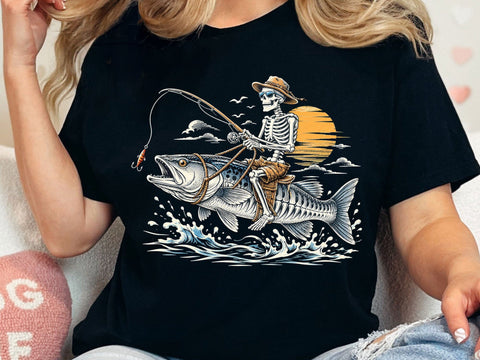 Skeleton Riding Fish Fishing Sunset PNG SVG artprintfile 