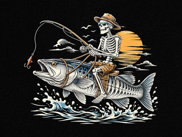 Skeleton Riding Fish Fishing Sunset PNG SVG artprintfile 