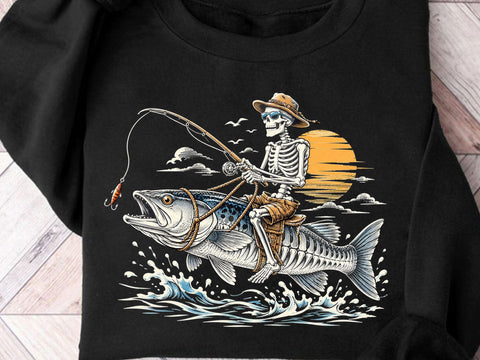Skeleton Riding Fish Fishing Sunset PNG SVG artprintfile 