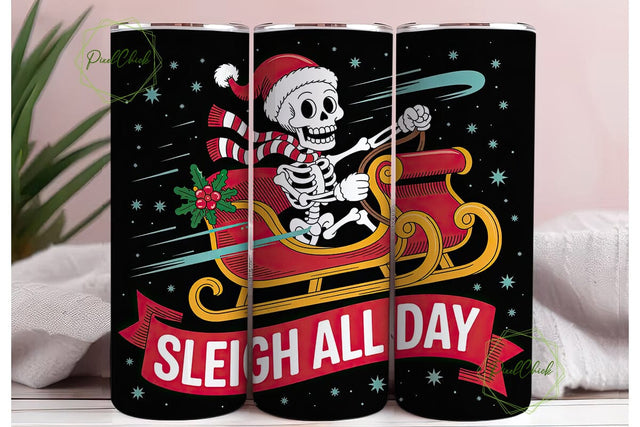 Skeleton Sleigh Christmas Tumbler Wrap Sublimation PixelChick 