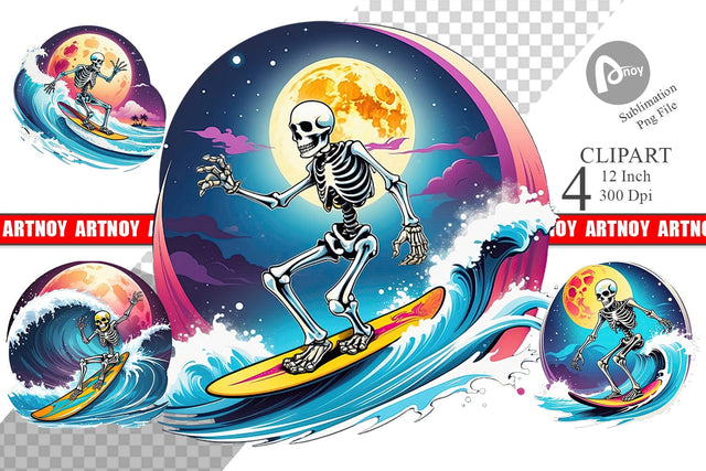 Skeleton Surfing Clipart Sublimation artnoy 