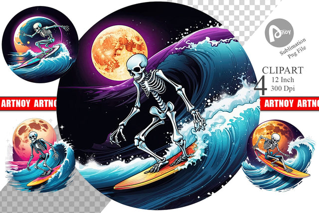 Skeleton Surfing Clipart Sublimation artnoy 