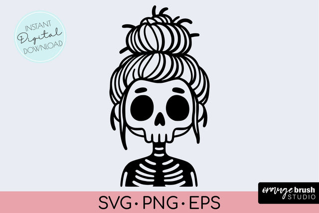 Skeleton SVG, Halloween Messy Bun Mom Skull SVG for Cricut SVG OrangeBrushStudio 