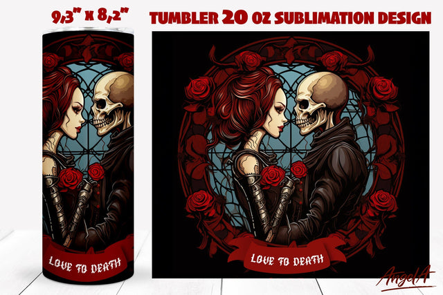 Skeleton tumbler wrap, skeleton couple, Love to Death quote Sublimation Angelina Semenova 