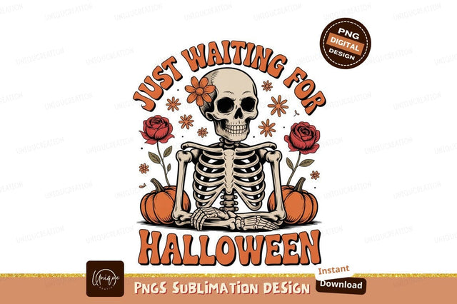 Skeleton waiting for Halloween with pumpkins and roses Sublimation Designangry 