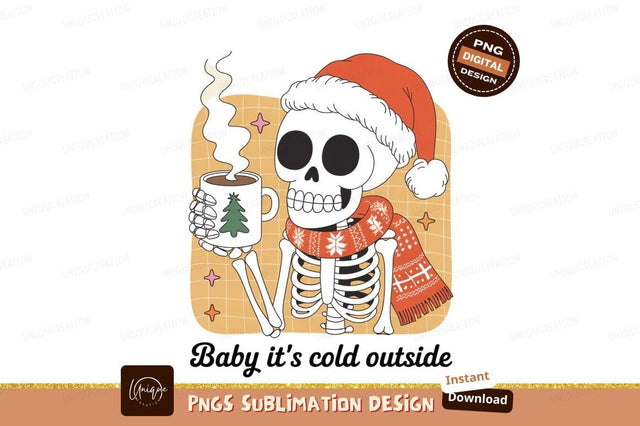 Skeleton wearing Christmas hat and scarf holding hot drink Sublimation Designangry 