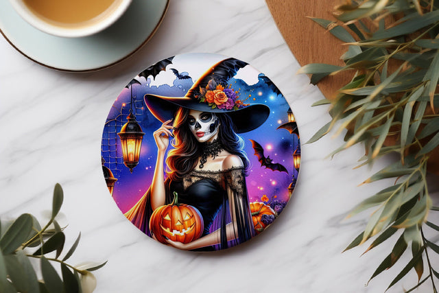 Skeleton Witch Round Coaster Sublimation PNG Sublimation BijouBay 