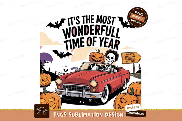 Skeletons driving convertible with pumpkins Halloween Sublimation Designangry 