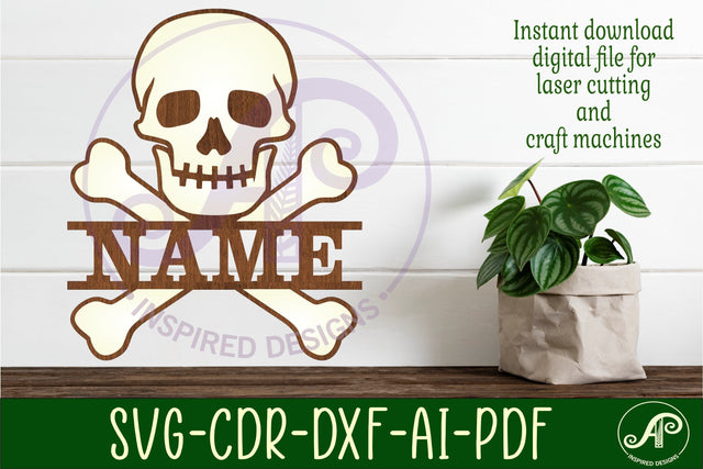 Skull and bones two layer name sign svg laser cut template SVG APInspireddesigns 