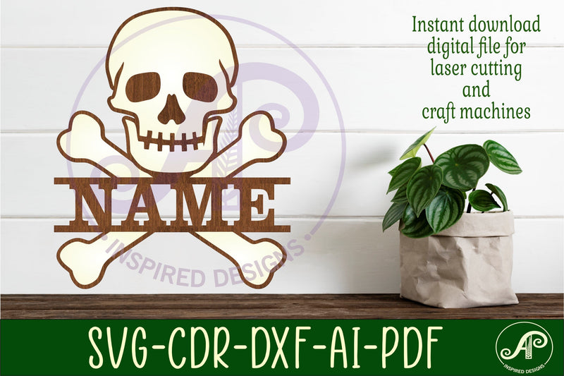 Skull and bones two layer name sign svg laser cut template SVG APInspireddesigns 