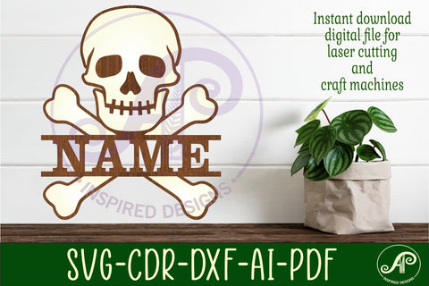 Skull and bones two layer name sign svg laser cut template SVG APInspireddesigns 