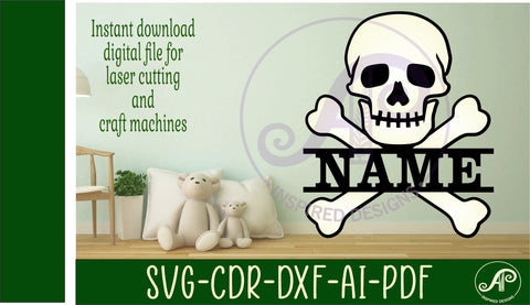 Skull and bones two layer name sign svg laser cut template SVG APInspireddesigns 