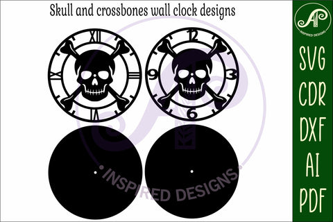 Skull and crossbones themed clock wall clock laser cut files SVG APInspireddesigns 