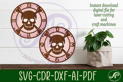 Skull and crossbones themed clock wall clock laser cut files SVG APInspireddesigns 