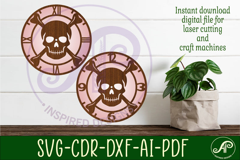 Skull and crossbones themed clock wall clock laser cut files SVG APInspireddesigns 