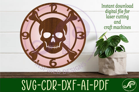 Skull and crossbones themed clock wall clock laser cut files SVG APInspireddesigns 