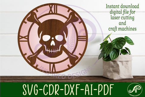 Skull and crossbones themed clock wall clock laser cut files SVG APInspireddesigns 