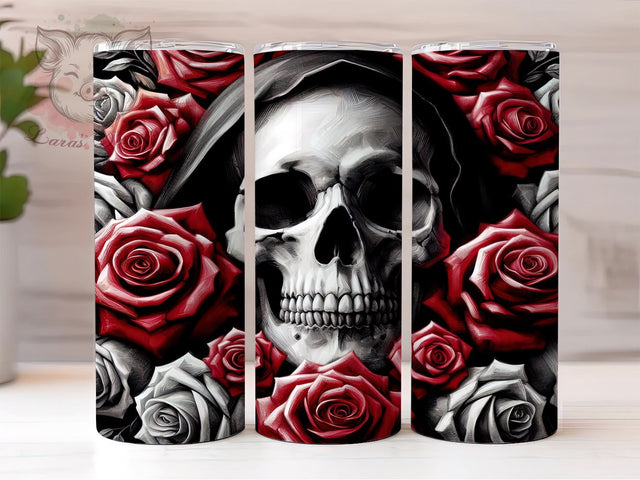 Skull And Flower 20 oz Skinny Tumbler Sublimation Design, Straight & Tapered Tumbler Png, Gothic Skull With Roses Tumbler Png, Digital Download PNG Sublimation Lara' s Designs 