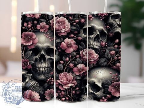 Skull And Flowers 20oz Skinny Tumbler PNG, Skull With Roses Tumbler Sublimation Wrap, Straight & Tapered Tumbler Wrap, Instant Digital Download Sublimation ToriDesigns 