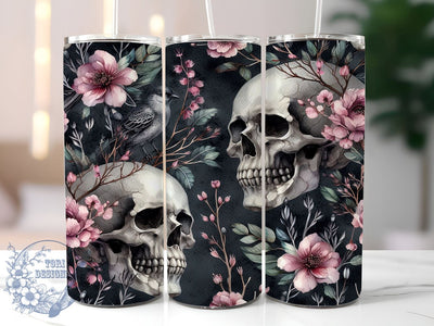 Skull And Flowers 20oz Skinny Tumbler PNG, Skull With Roses Tumbler Sublimation Wrap, Straight & Tapered Tumbler Wrap, Instant Digital Download Sublimation ToriDesigns 