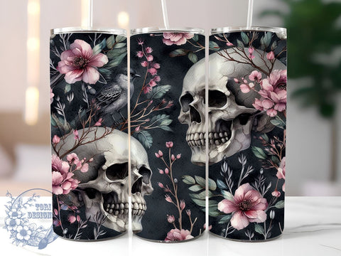 Skull And Flowers 20oz Skinny Tumbler PNG, Skull With Roses Tumbler Sublimation Wrap, Straight & Tapered Tumbler Wrap, Instant Digital Download Sublimation ToriDesigns 