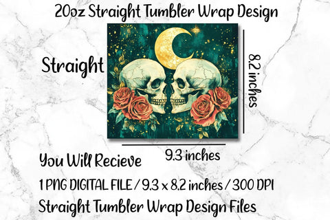 Skull And Flowers 20oz Skinny Tumbler Wrap Sublimation Design. Sublimation CosmosFineArt 