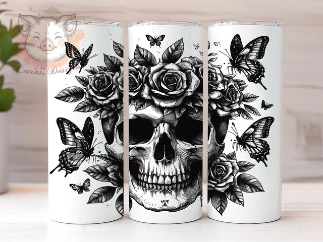 Skull And Flowers 20oz Tumbler Png, Straight & Tapered Tumbler Png, Skull Tumbler Png, Digital Download PNG Sublimation Lara' s Designs 