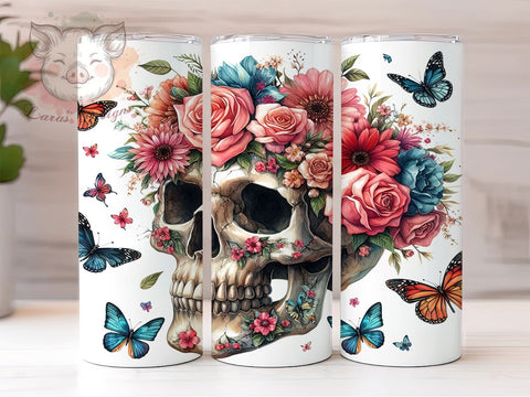 Skull And Flowers 20oz Tumbler Png, Straight & Tapered Tumbler Png, Skull Tumbler Png, Digital Download PNG Sublimation Lara' s Designs 
