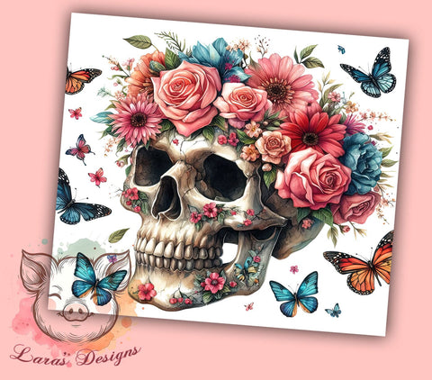 Skull And Flowers 20oz Tumbler Png, Straight & Tapered Tumbler Png, Skull Tumbler Png, Digital Download PNG Sublimation Lara' s Designs 