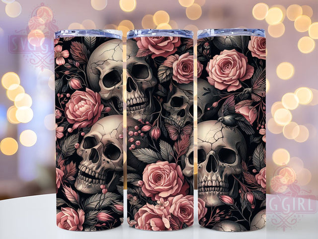 Skull and Flowers 20oz Tumbler Wrap Sublimation Design, Straight Tapered Tumbler Wrap, Gothic Skull With Roses Tumbler Png, Instant Digital Download Sublimation SvggirlplusArt 