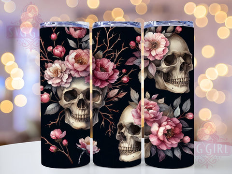 Skull and Flowers 20oz Tumbler Wrap Sublimation Design, Straight Tapered Tumbler Wrap, Gothic Skull With Roses Tumbler Png, Instant Digital Download Sublimation SvggirlplusArt 